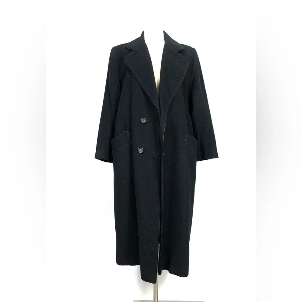 Camel Hair Black Double Breasted Trench Full Length Pea Coat - Picture 6 of 16